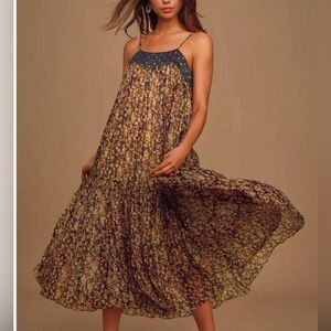 Raga Drop waist Tiered Floral Lurex Metallic Stripe Mixed Print Dress